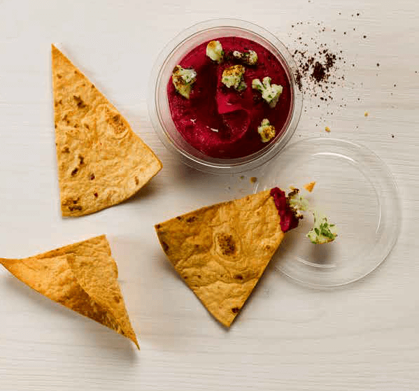 Beetroot Hummus with Baked Harissa Tortilla Triangles